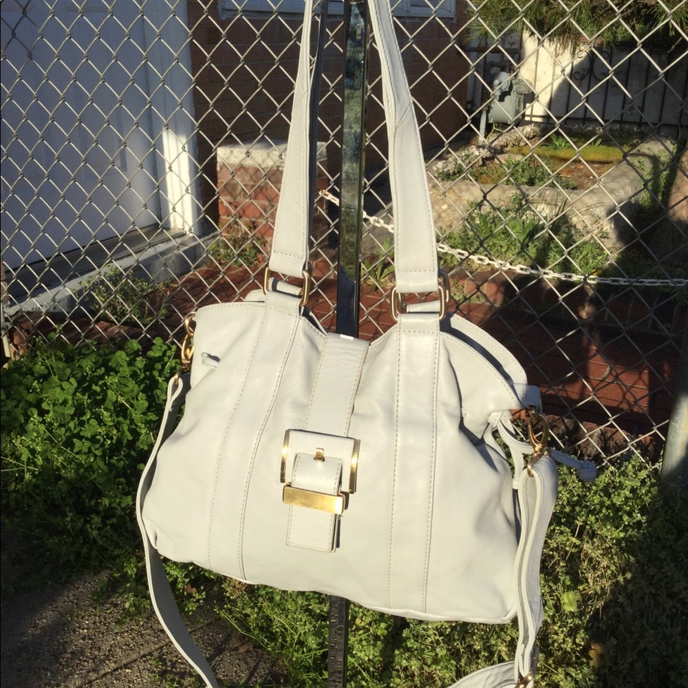 Nina Raye Grayish White Buckled Handbag